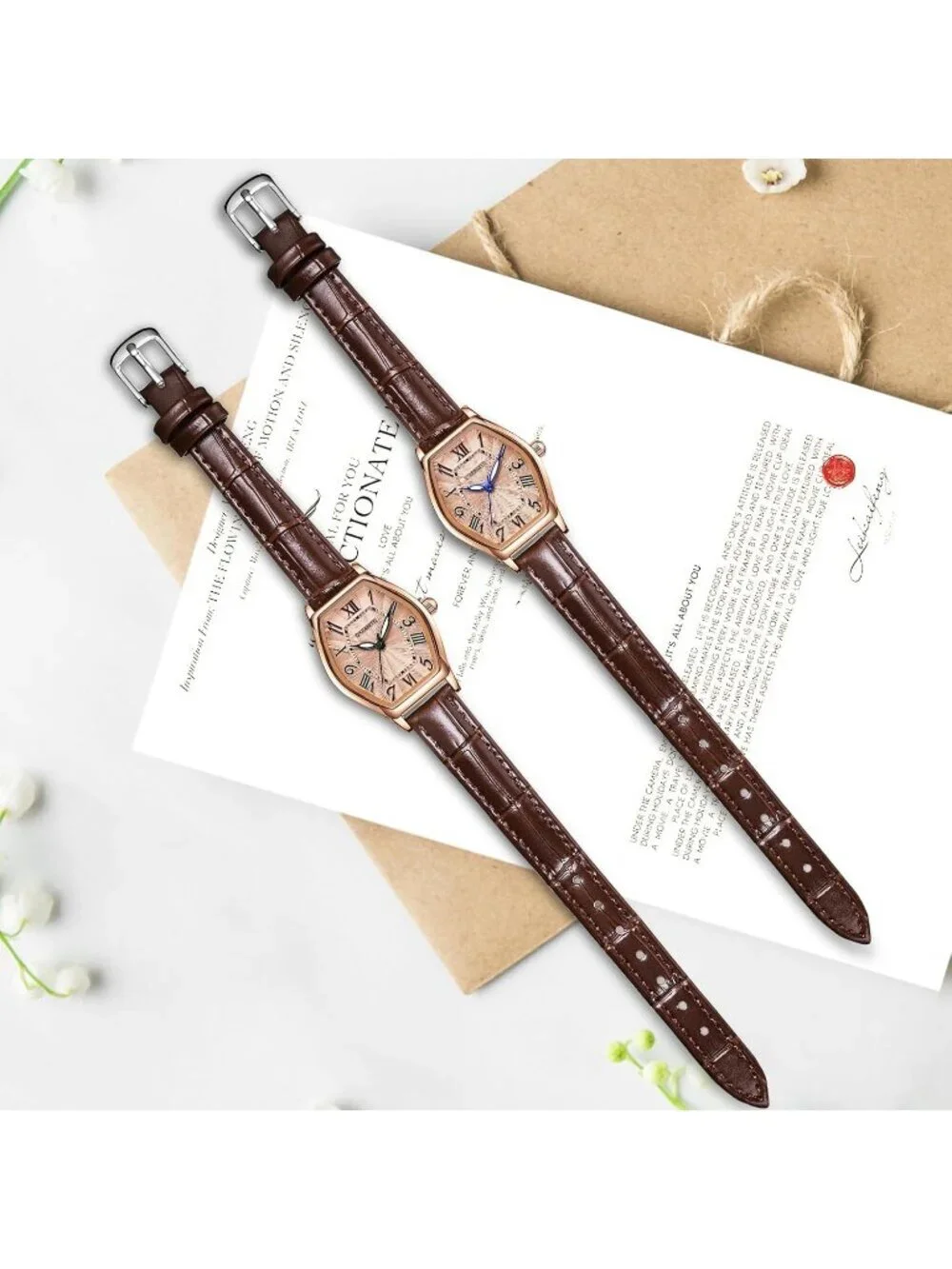 Women's Brown Analog Quartz Leather Band Elegant Barrel-Shaped Classic Watch